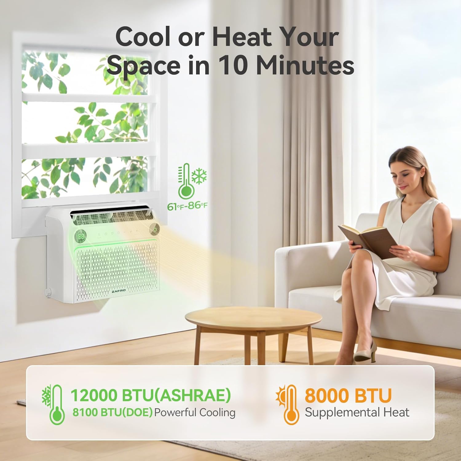 ZAFRO 12,000 BTU U-Shaped Smart Inverter Window Air Conditioner with Heat for Rooms Up To 550 sq. ft.