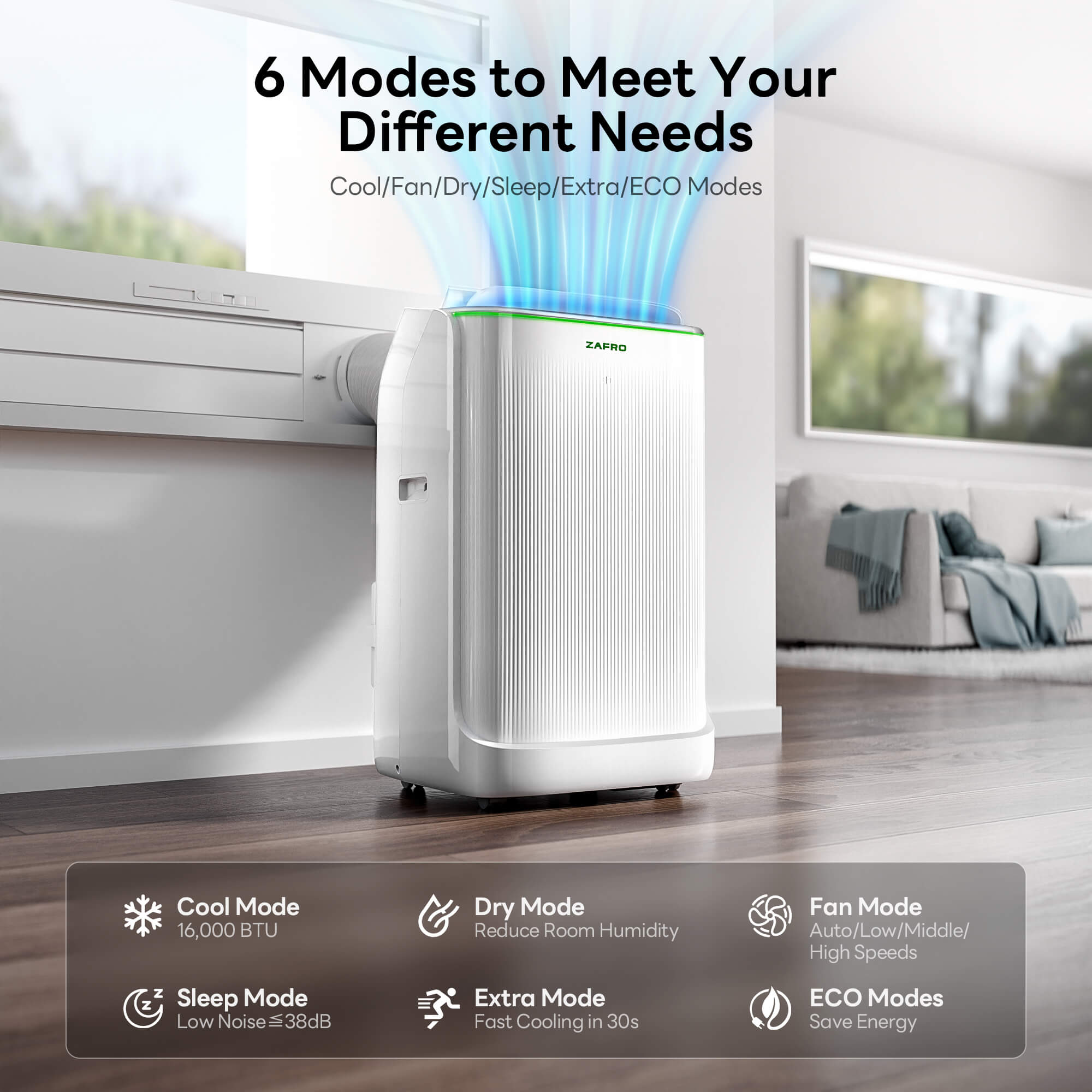 ZAFRO 16,000 BTU (12,000 BTU SACC) Dual Hose Smart Inverter Portable Air Conditioner Cools Up To 600 sq. ft.