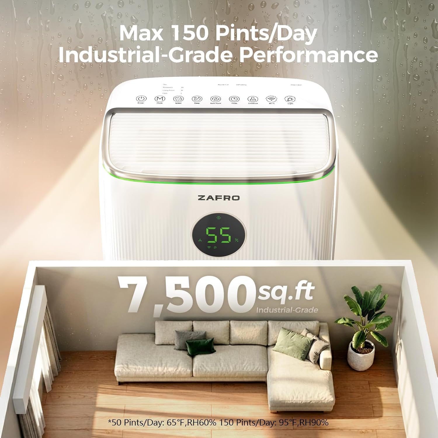 ZAFRO 150 Pints Smart Dehumidifier with Drain Hose, ENERGY STAR® Most Efficient 2025, Covers Up to 7,500 sq. ft.