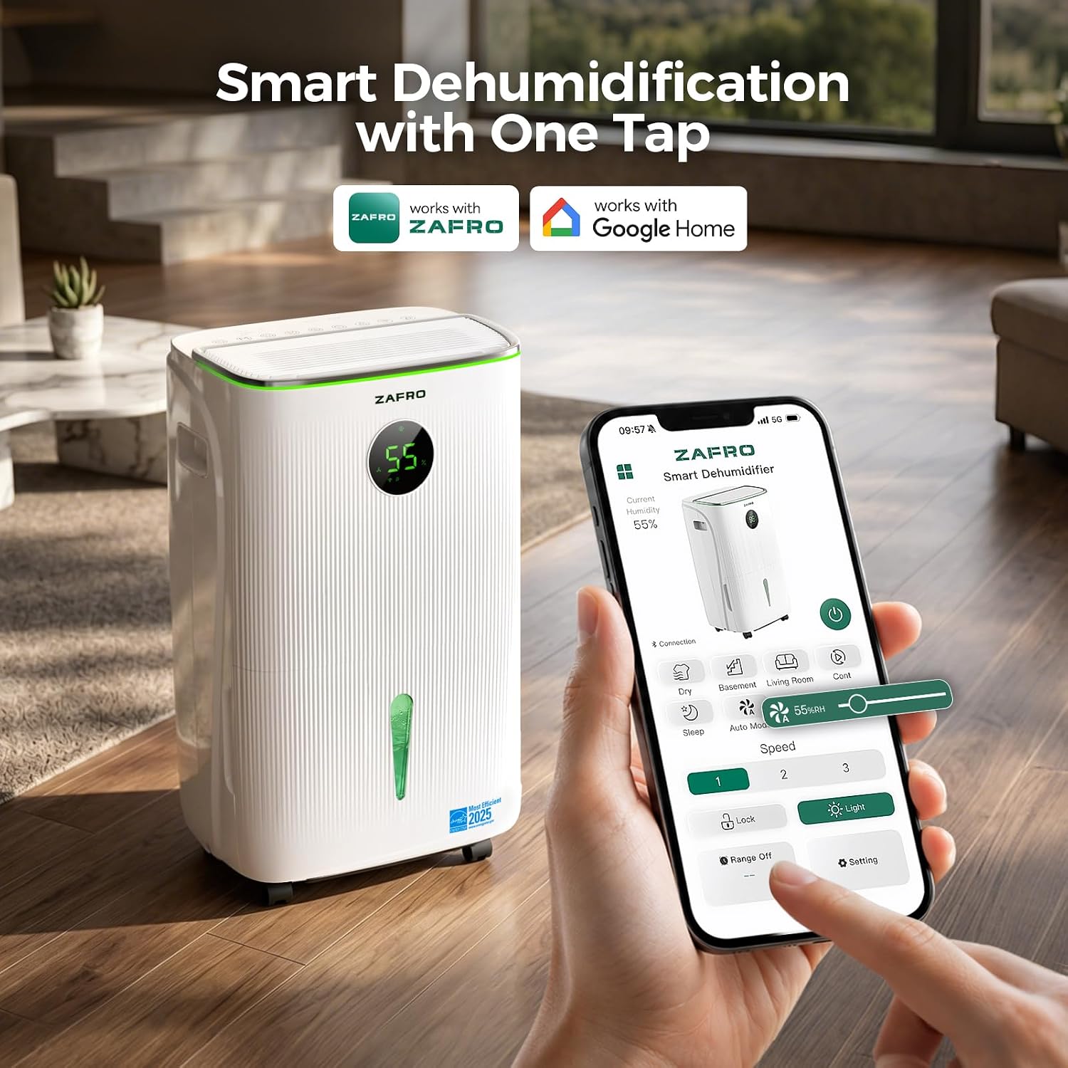 ZAFRO 150 Pints Smart Dehumidifier with Drain Hose, ENERGY STAR® Most Efficient 2025, Covers Up to 7,500 sq. ft.